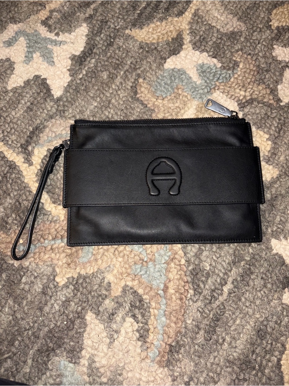 Etienne Aigner Black Leather Wristlet Clutch with Embossed Logo